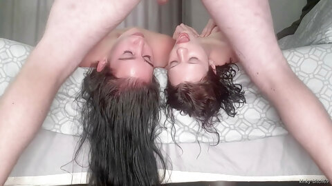 1 Cock Rotates Face Fucking 2 Laying Upside Down Sluts, Gagging, 3some, Angles